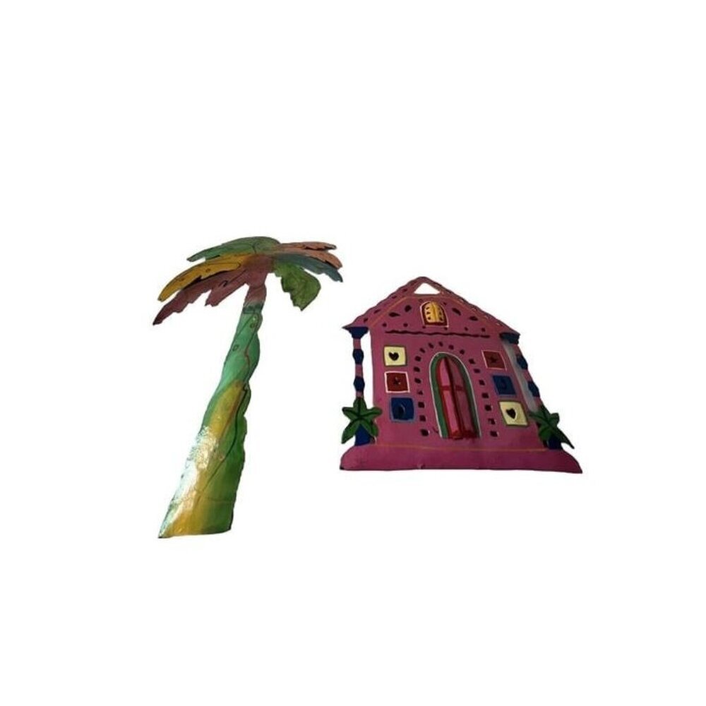 2 PCS Haiti Handmade Colorful‎ Pink House Palm Tree Rustic Metal Wall Hanging
